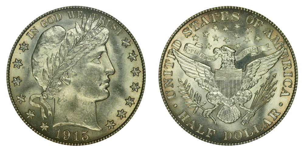 1915 Barber Half Dollar obverse and reverse showing Liberty head and eagle design