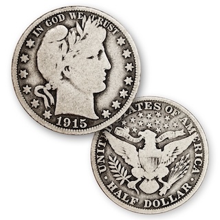 Side-by-side comparison of 1915-P (no mint mark) and 1915-D Barber half dollar reverses showing mint mark location