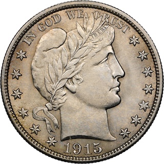 1915-D Barber half dollar reverse showing repunched D mint mark with secondary impression visible under magnification