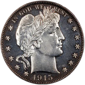 1915 Proof Barber half dollar with deeply mirrored fields and frosted devices in a PCGS slab