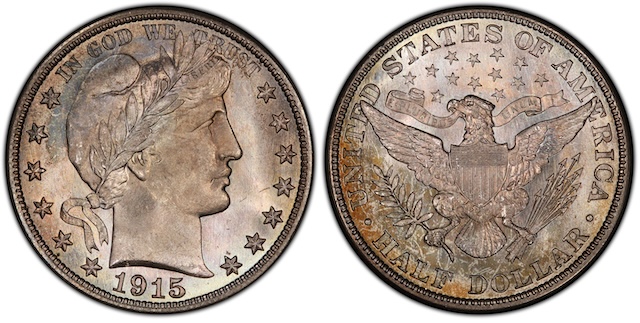 1915 Barber half dollar grading strip showing Good, Fine, Extremely Fine, and Mint State condition tiers